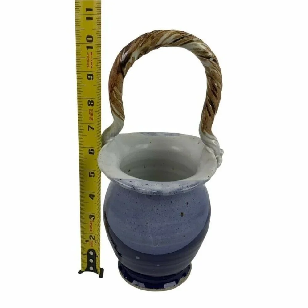Artist Stamped Pottery Basket Vase Fluted Crimped‎ Rim Twisted Handle Blue Grey